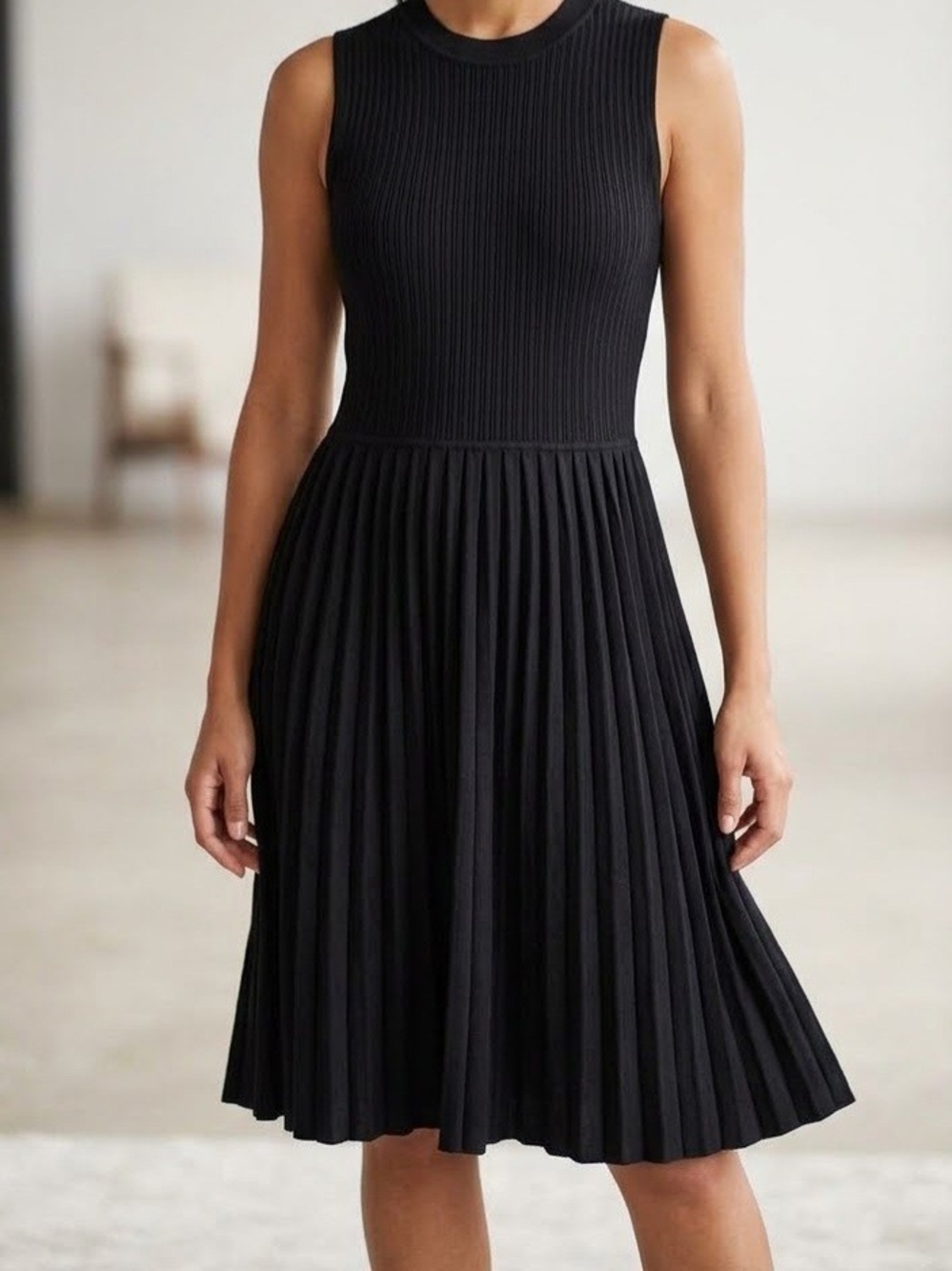 Sleeveless Black Ribbed & Pleated Midi Dress
